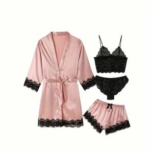 Elegant Pink and Black Lace Sleepwear Set